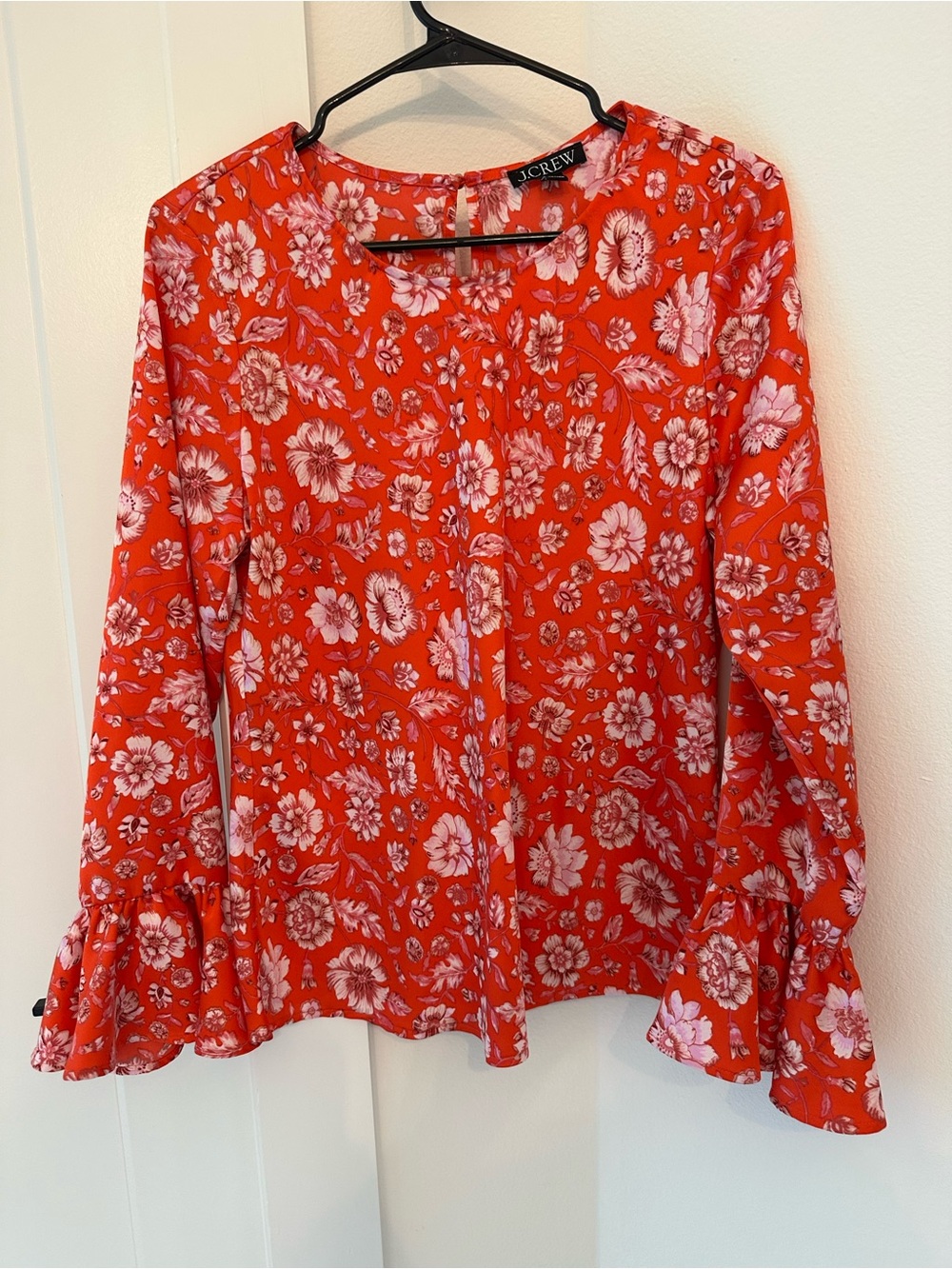 J. Crew Bright Red Floral Ruffle-Sleeve Blouse